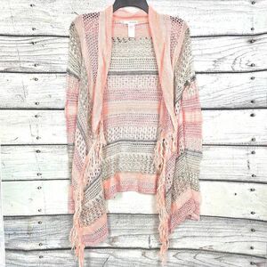 Maurices Open Knit Fringe Cardigan Peach Gray S